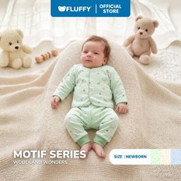 FLUFFY - Setelan Bayi - Set Newborn Panjang Celana Panjang Series WOODLAND WONDERS - Lembut & Standart SNI - Set 0-3 Bulan (Isi 3 Pasang)