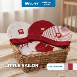 FLUFFY - Set Topi dan Sarung Tangan Kaki Bayi - Series Sailor Red  - Lembut & Standart SNI (Isi 3 Pasang)