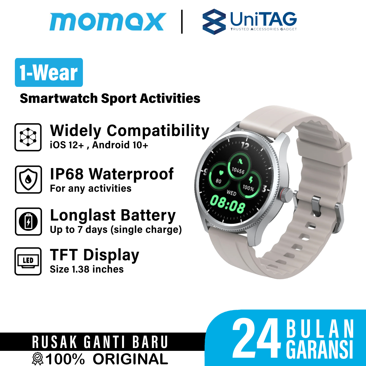 Momax Smart Watch 1-Wear - Silver Beige SW2SL