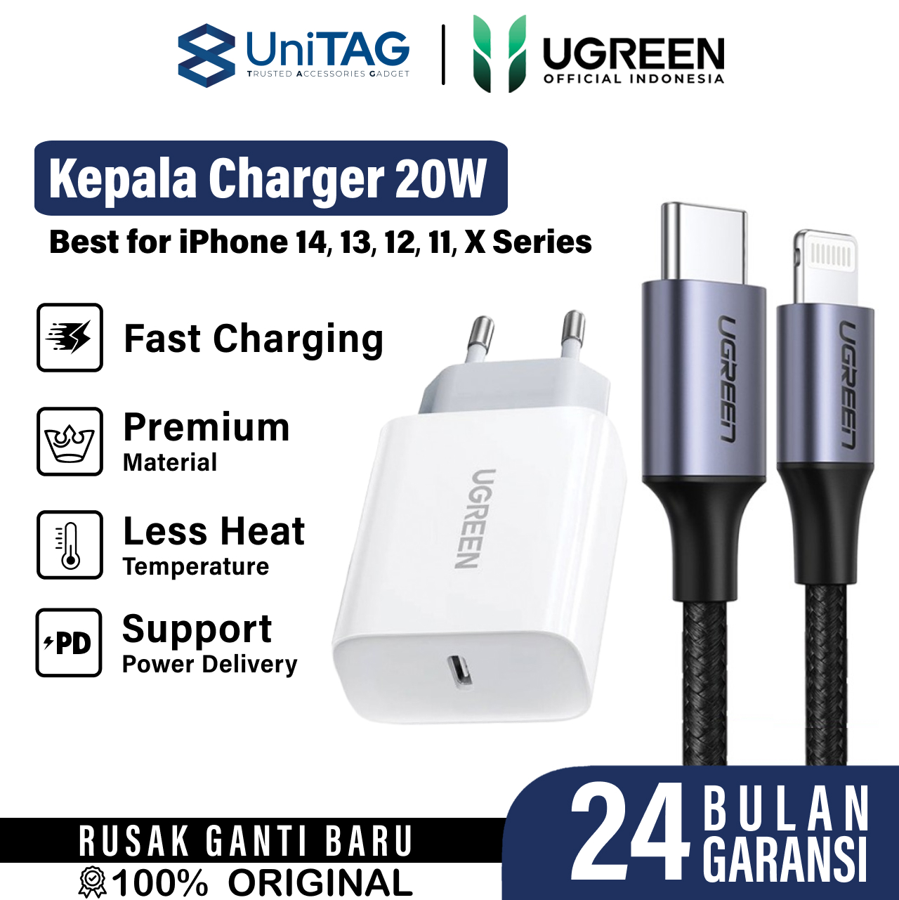 UGREEN Wall Charger 20W 1C - White CD137+Lightning - USB C 3A 60W Braided 1m - Black US304