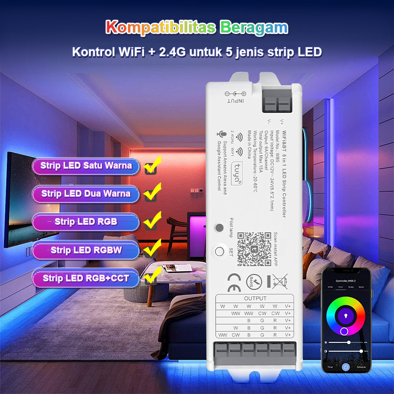Kontroler Strip LED WB5 Tuya WiFi Bluetooth 5-in-1 DC12-24V | WB5 Tuya WiFi Bluetooth 5-in-1 LED Strip Controller DC12-24V