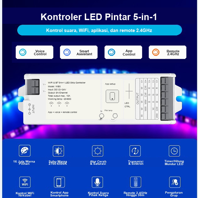 Kontroler Strip LED WB5 Tuya WiFi Bluetooth 5-in-1 DC12-24V | WB5 Tuya WiFi Bluetooth 5-in-1 LED Strip Controller DC12-24V