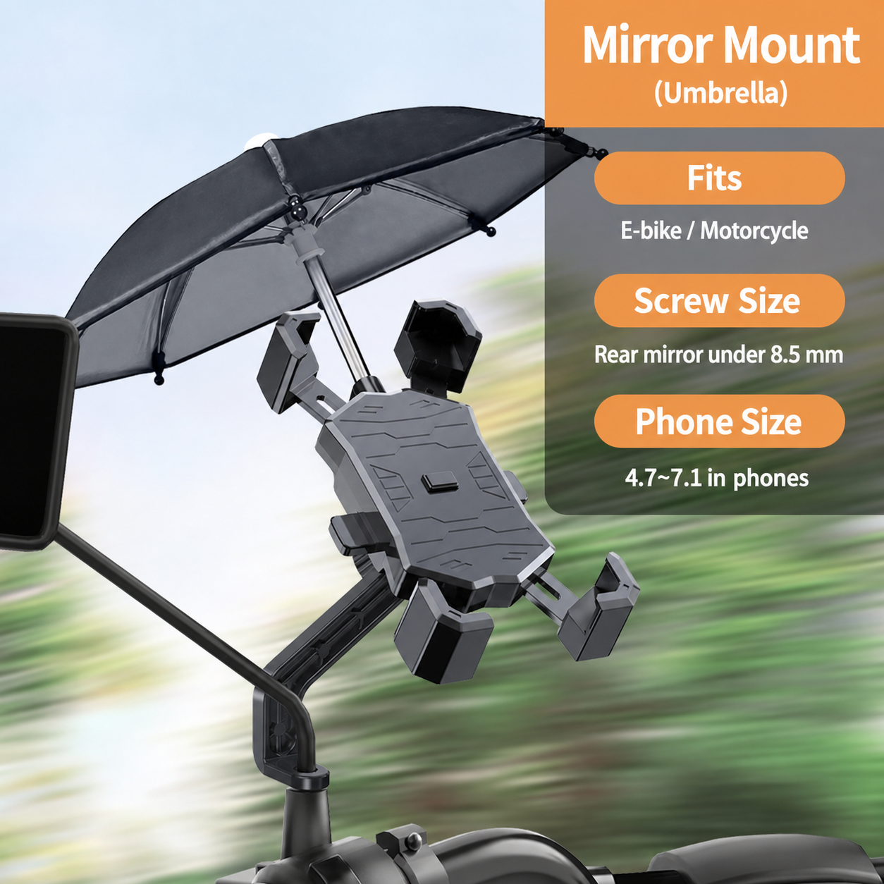 Holder HP Sepeda Motor/Sepeda 5-7.2 Inci dengan Pilihan Payung, Dudukan Setang/Spion | Bike Motorcycle Phone Mount 5-7.2 Inch with Optional Umbrella, Handlebar/Mirror Mount
