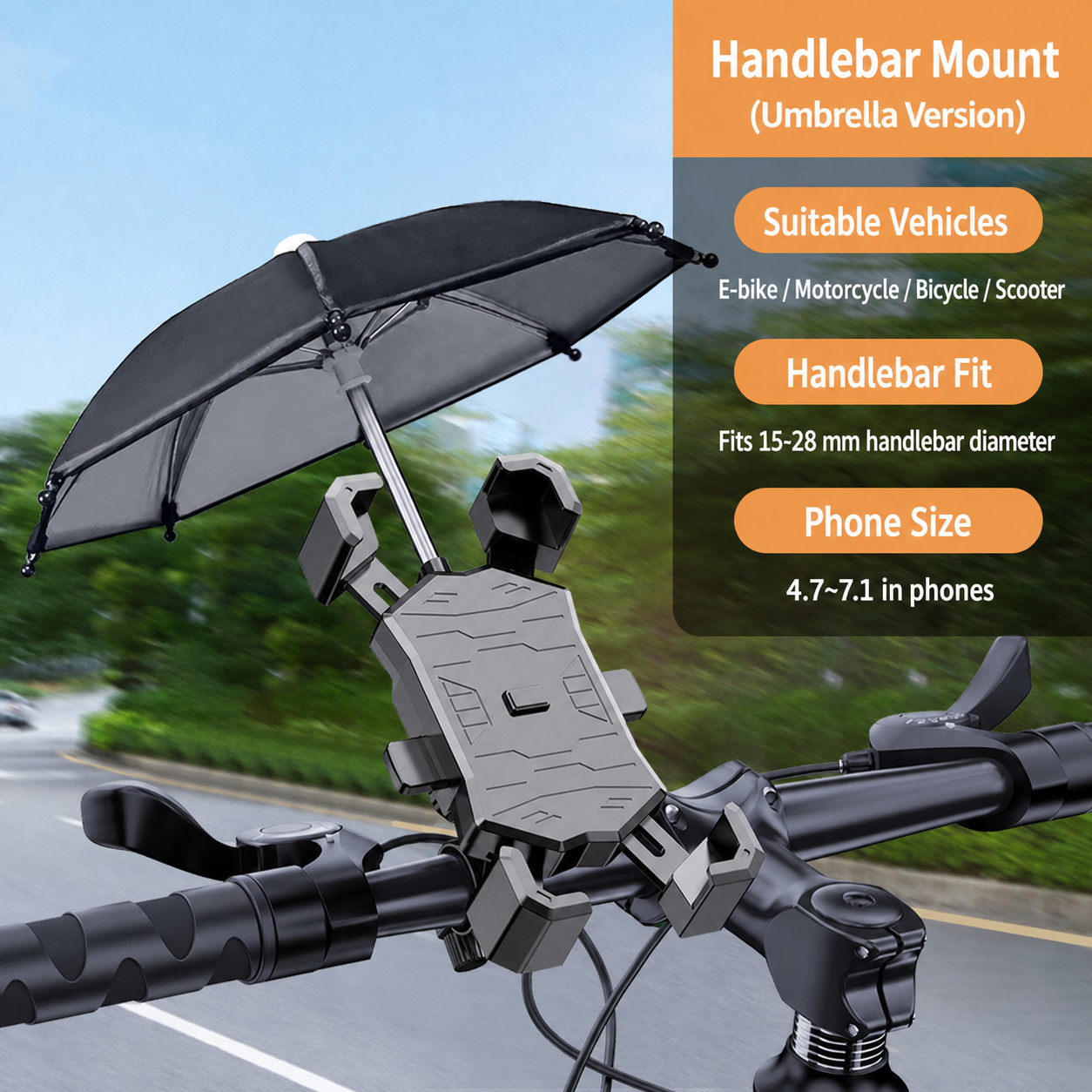 Holder HP Sepeda Motor/Sepeda 5-7.2 Inci dengan Pilihan Payung, Dudukan Setang/Spion | Bike Motorcycle Phone Mount 5-7.2 Inch with Optional Umbrella, Handlebar/Mirror Mount