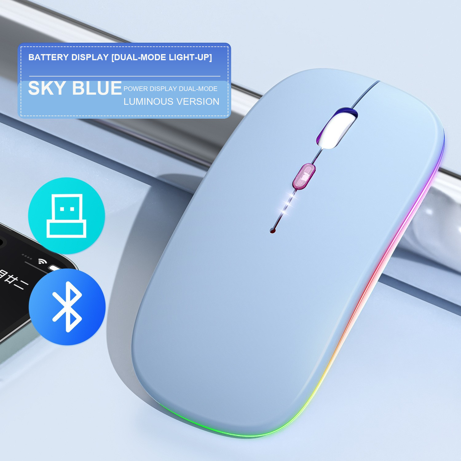 Mouse Wireless Rechargeable Dual Mode dengan Display Baterai 2.4G Bluetooth untuk Laptop PC Tablet | Rechargeable Dual Mode Wireless Mouse with Battery Display 2.4G Bluetooth fo...