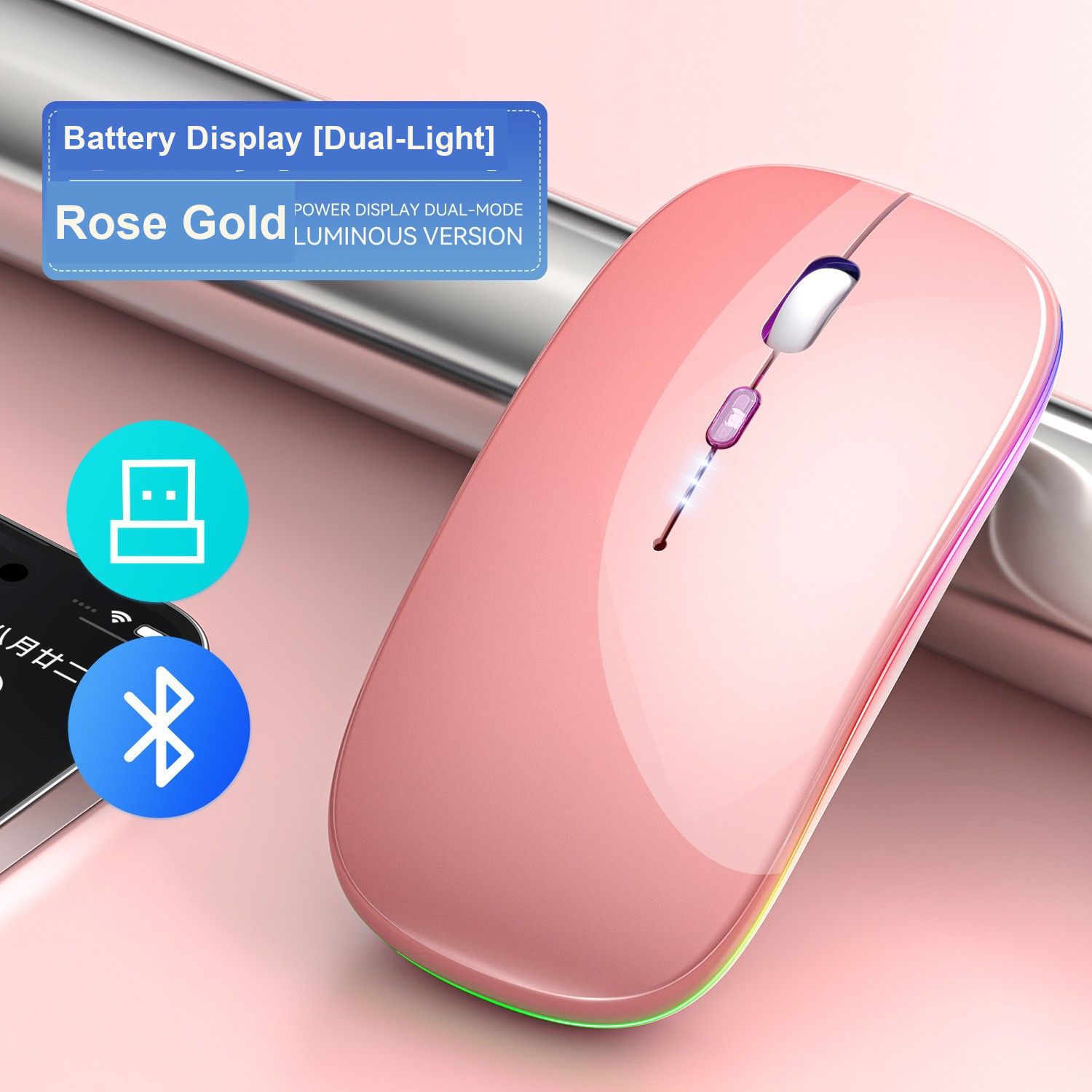 Mouse Wireless Rechargeable Dual Mode dengan Display Baterai 2.4G Bluetooth untuk Laptop PC Tablet | Rechargeable Dual Mode Wireless Mouse with Battery Display 2.4G Bluetooth fo...