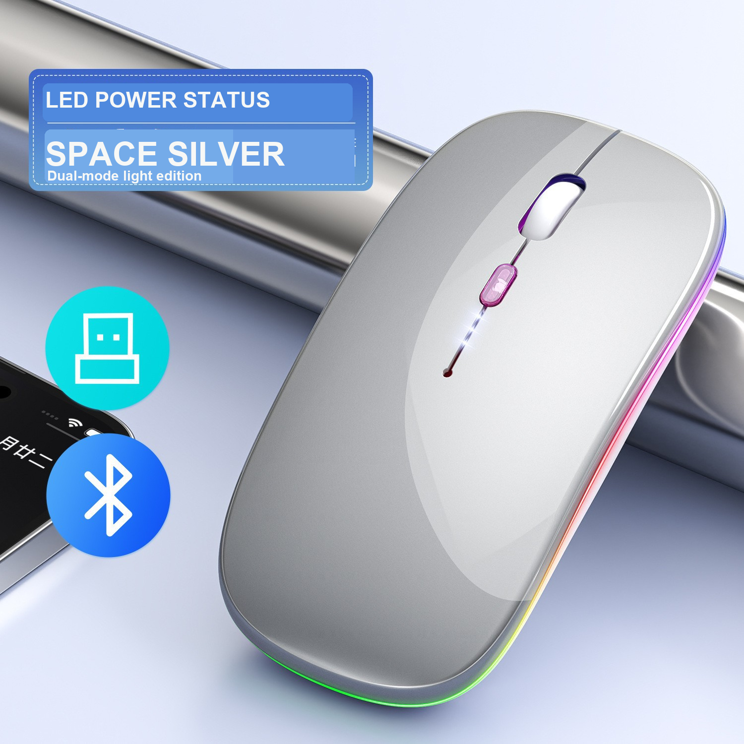 Mouse Wireless Rechargeable Dual Mode dengan Display Baterai 2.4G Bluetooth untuk Laptop PC Tablet | Rechargeable Dual Mode Wireless Mouse with Battery Display 2.4G Bluetooth fo...