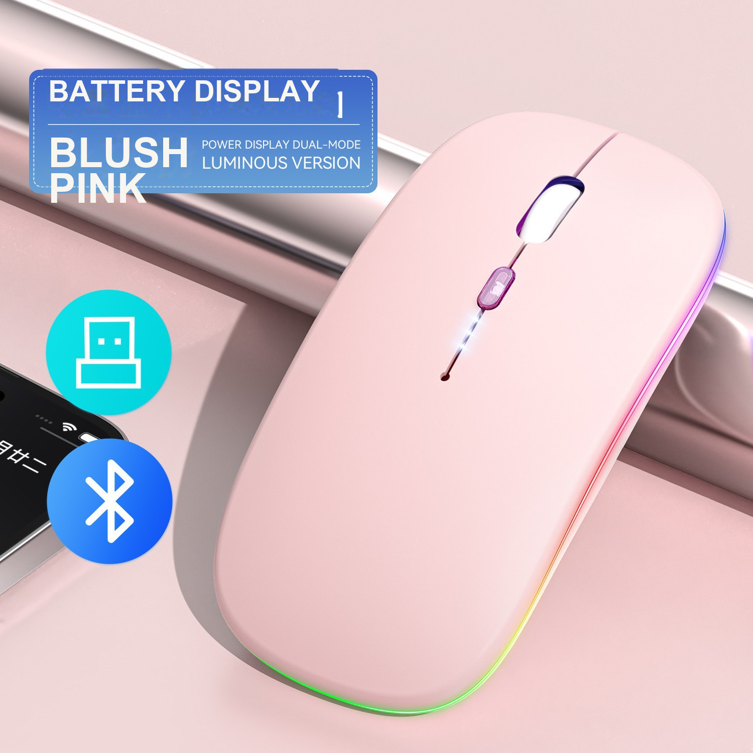 Mouse Wireless Rechargeable Dual Mode dengan Display Baterai 2.4G Bluetooth untuk Laptop PC Tablet | Rechargeable Dual Mode Wireless Mouse with Battery Display 2.4G Bluetooth fo...