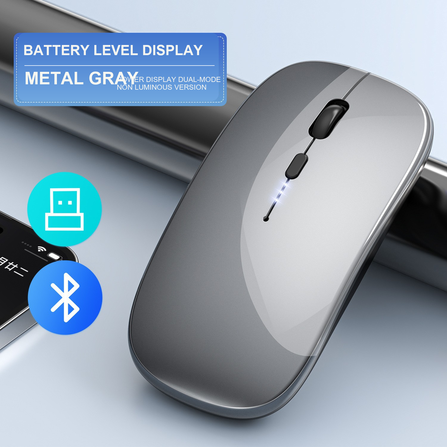 Mouse Wireless Rechargeable Dual Mode dengan Display Baterai 2.4G Bluetooth untuk Laptop PC Tablet | Rechargeable Dual Mode Wireless Mouse with Battery Display 2.4G Bluetooth fo...