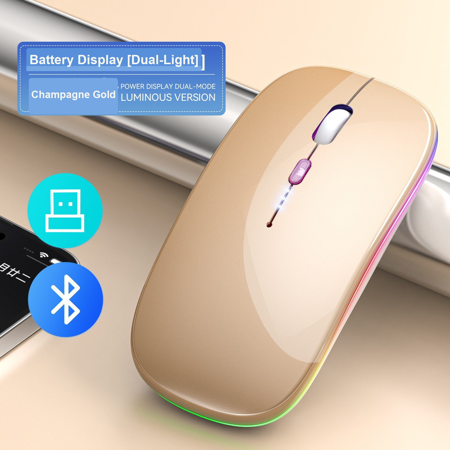 Mouse Wireless Rechargeable Dual Mode dengan Display Baterai 2.4G Bluetooth untuk Laptop PC Tablet | Rechargeable Dual Mode Wireless Mouse with Battery Display 2.4G Bluetooth fo...