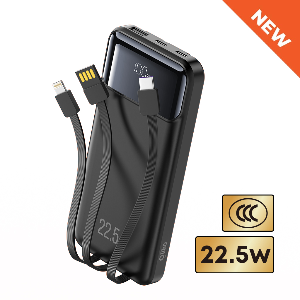 Olike P203 Power Bank 10000mAh 22.5W Kabel Bawaan Hitam | Olike P203 10000mAh 22.5W Power Bank with Built-In Cables Black