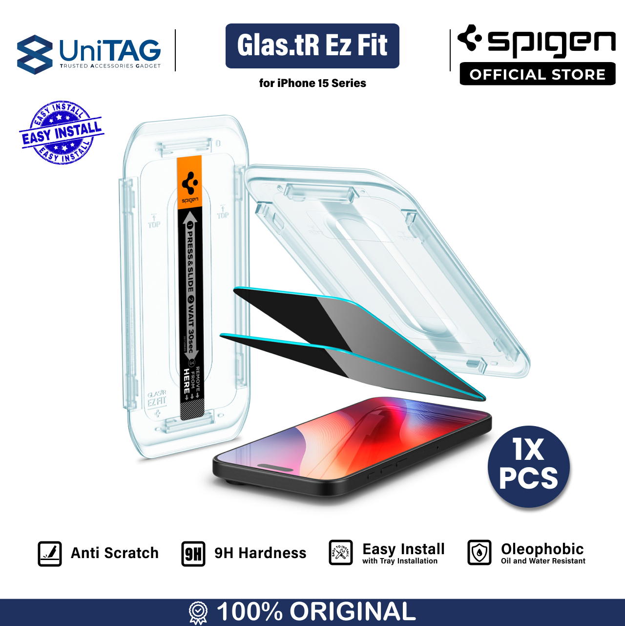 Spigen iPhone 16 / 15 Tempered Glass with Tray 1 Pack GlastR EZ Fit - Privacy AGL07121