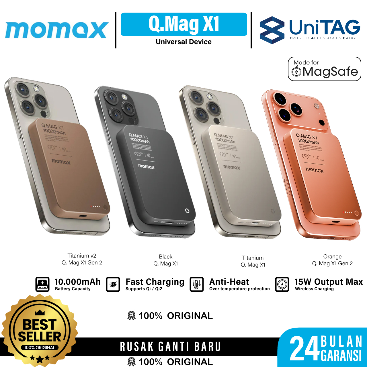 Momax Powerbank Magsafe Thin 10000mAh Q.Pass - Orange IP117AM
