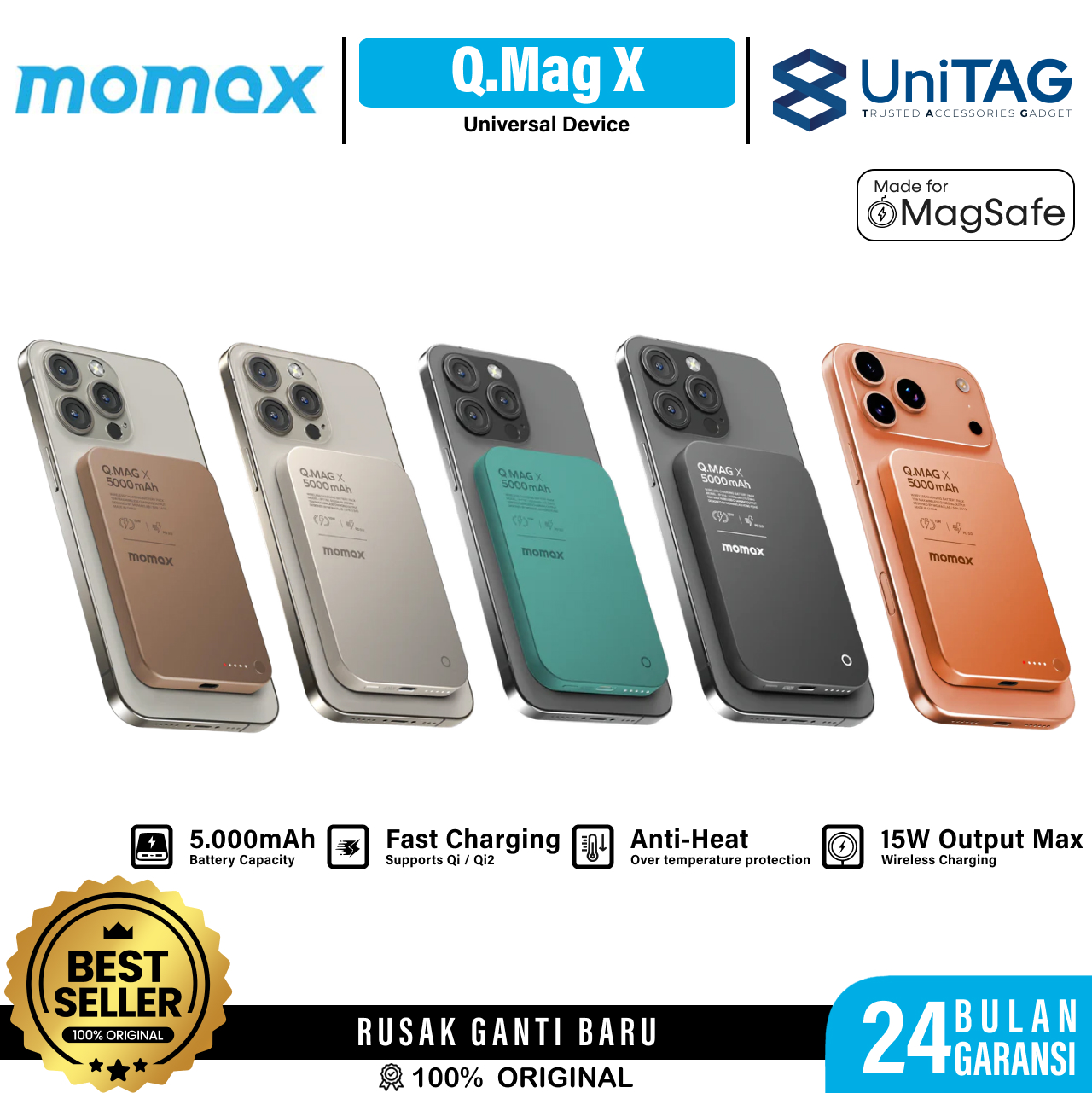 Momax Powerbank Magsafe Thin 5000mAh Q.Pass - Orange IP116AM
