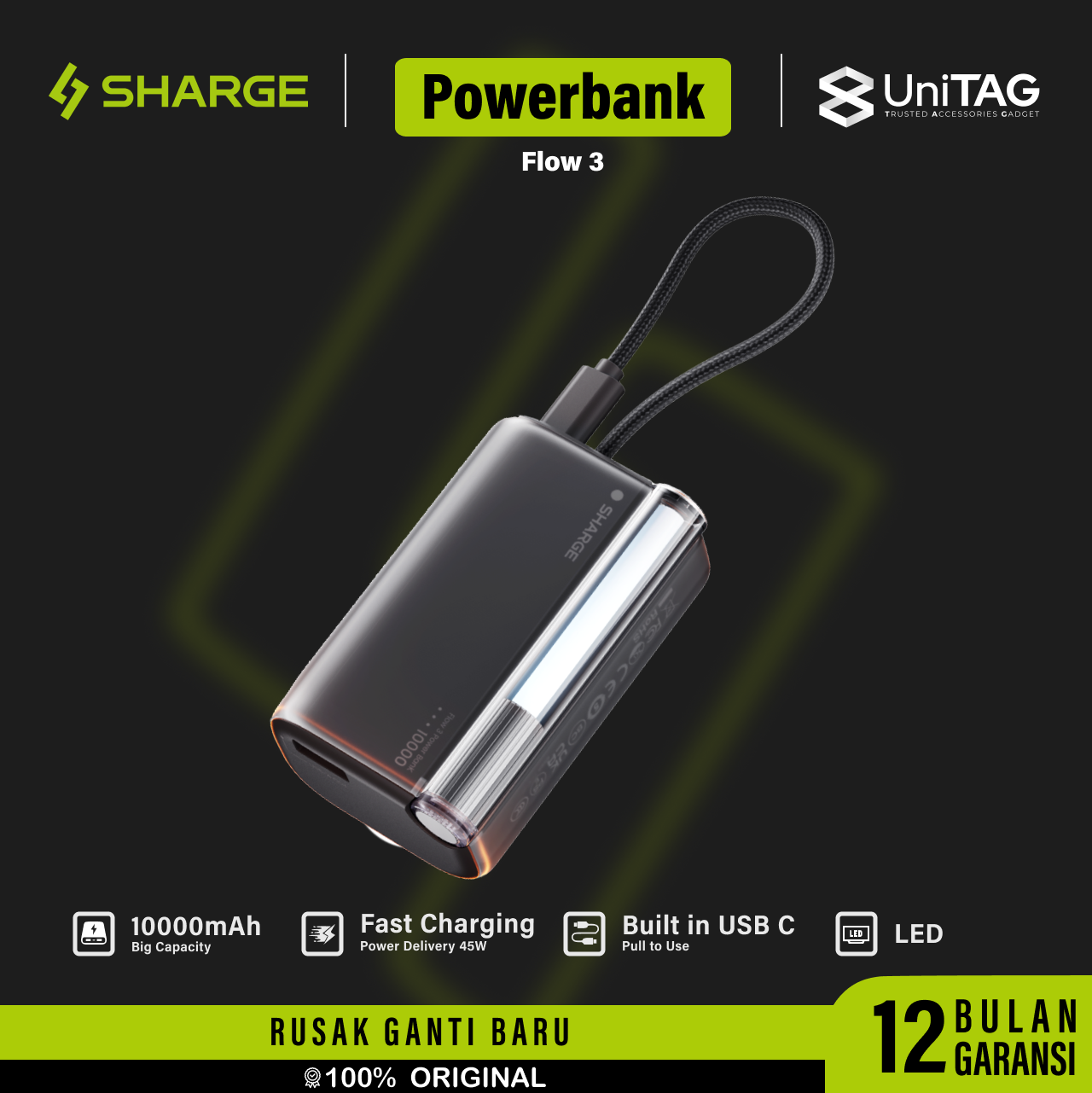Sharge Powerbank Flow 3 10000mAh 45W Built in Cable USB C - Black YDD-SG-HW-SX3-HEI