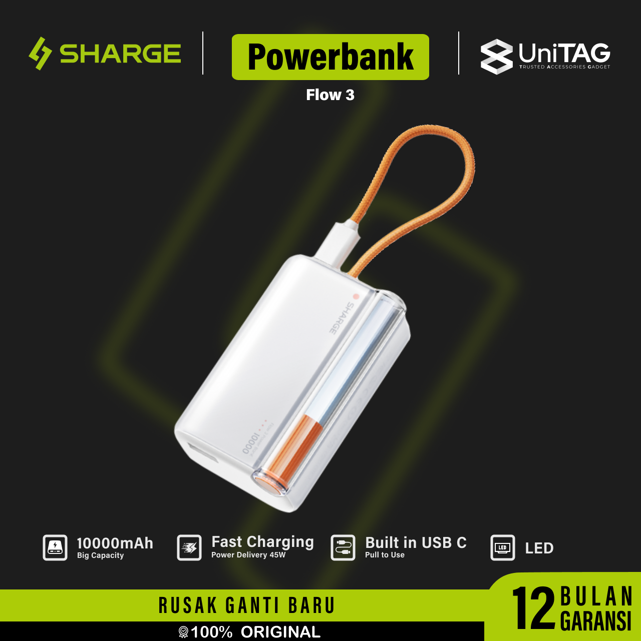Sharge Powerbank Flow 3 10000mAh 45W Built in Cable USB C - White YDD-SG-HW-SX3-BAI