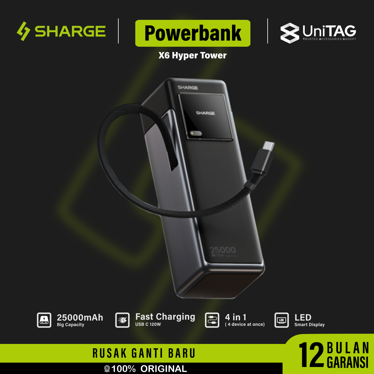Sharge Powerbank X6 Hyper Tower 170W 25000mAh Built In Retractable USB C - Black YDD-SG-170-YDCC-HEI
