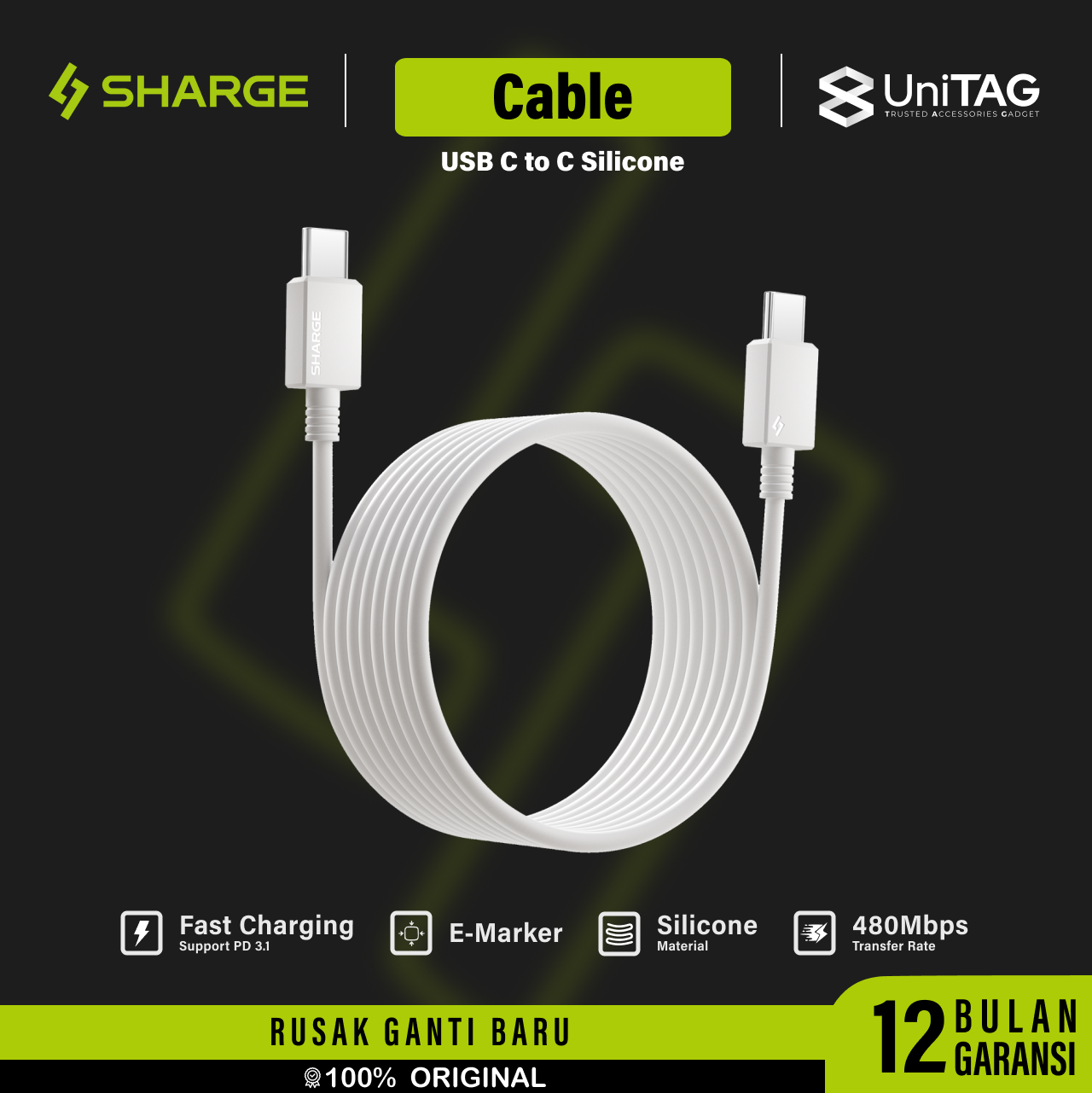 Sharge Kabel Charger USB C to C TPE 240W 1.5m - White CDX-SJ-1.5M240W-KW-BAI