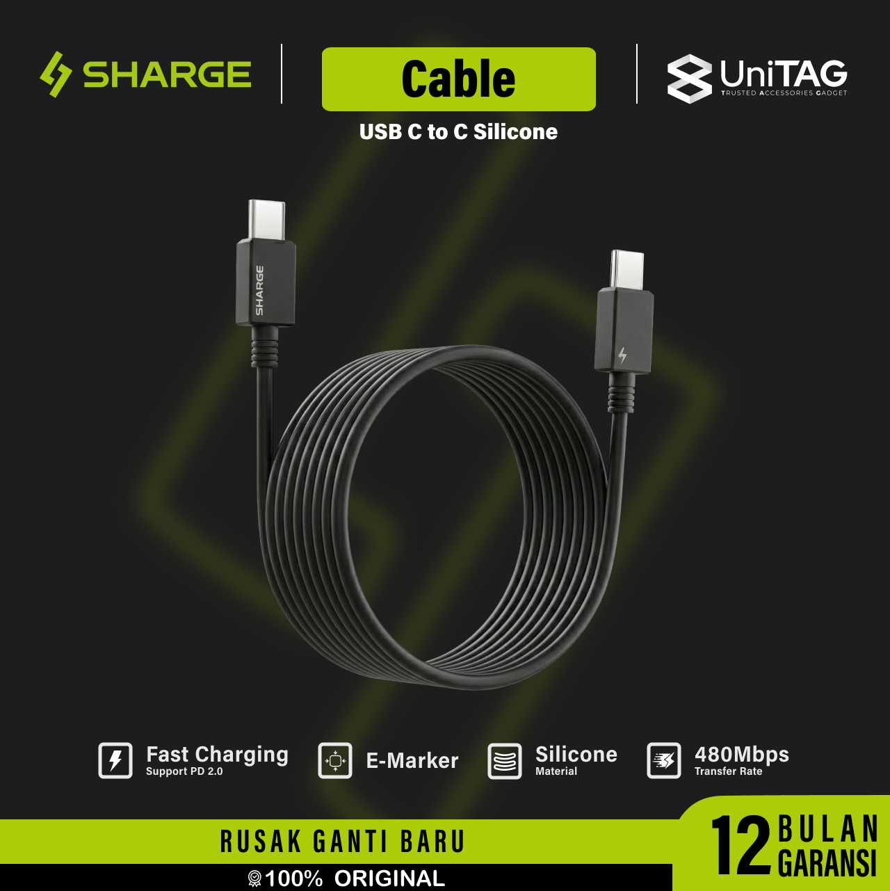 Sharge Kabel Charger USB C to C TPE 60W 0.6m - Black CDX-SJ-0.6M60W-KW-HEI