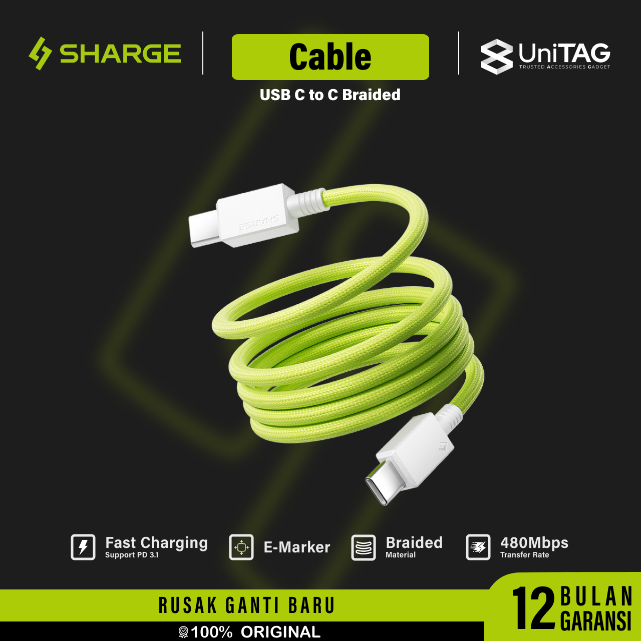 Sharge Kabel Charger Magnetic USB C to C Braided 240W 1.5m - Green CDX-SJ-1.5M240W-CXKW-LV (Online Eksklusif)