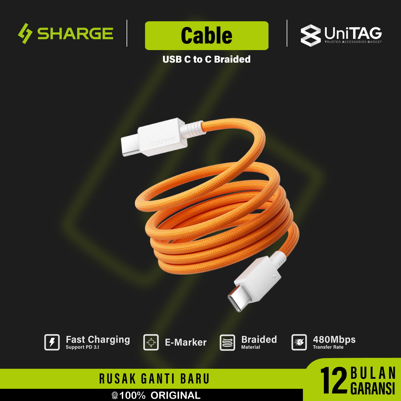 Sharge Kabel Charger Magnetic USB C to C Braided 240W 1.5m - Orange CDX-SJ-1.5M240W-CXKW-CEN (Online Eksklusif)