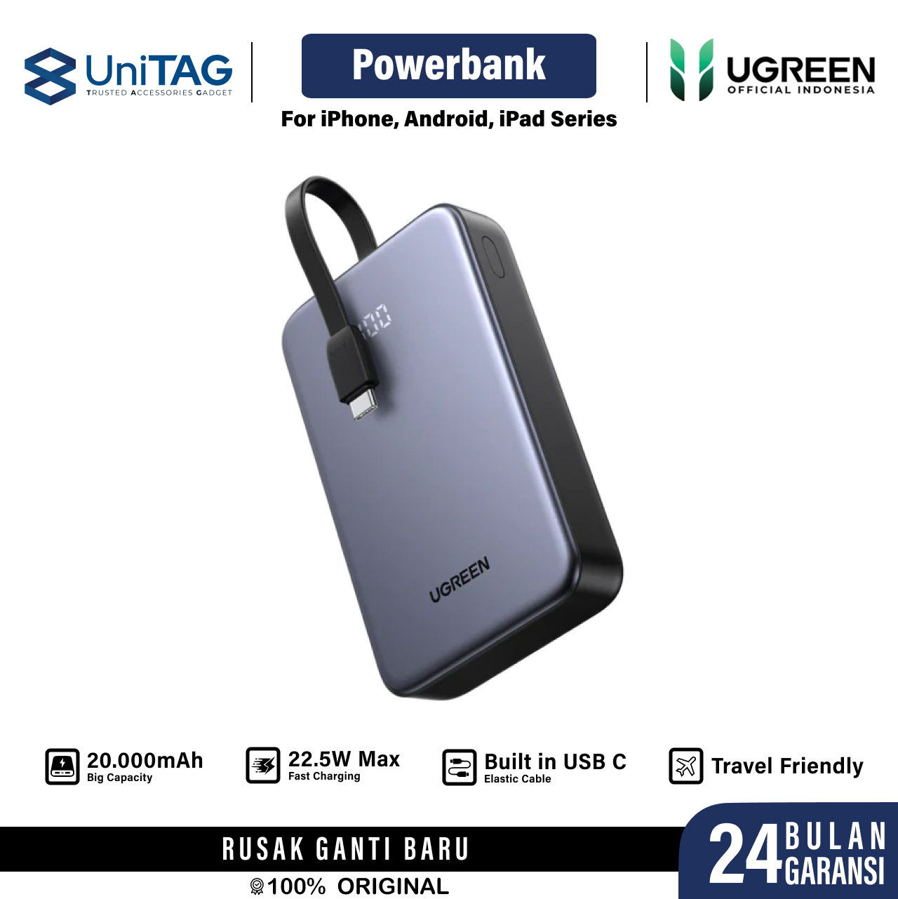 UGREEN Powerbank Build-in USB C 20000mAh 22.5W - Gray PB505 45762